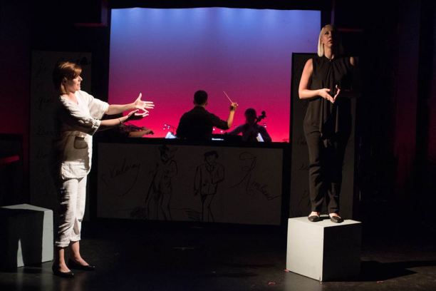 Elizabeth Halliday (left) as Rimbaud and Meghan Ihnen (right) as Verlaine in Rhymes With Opera's 2015 production of I Promise to Be Good